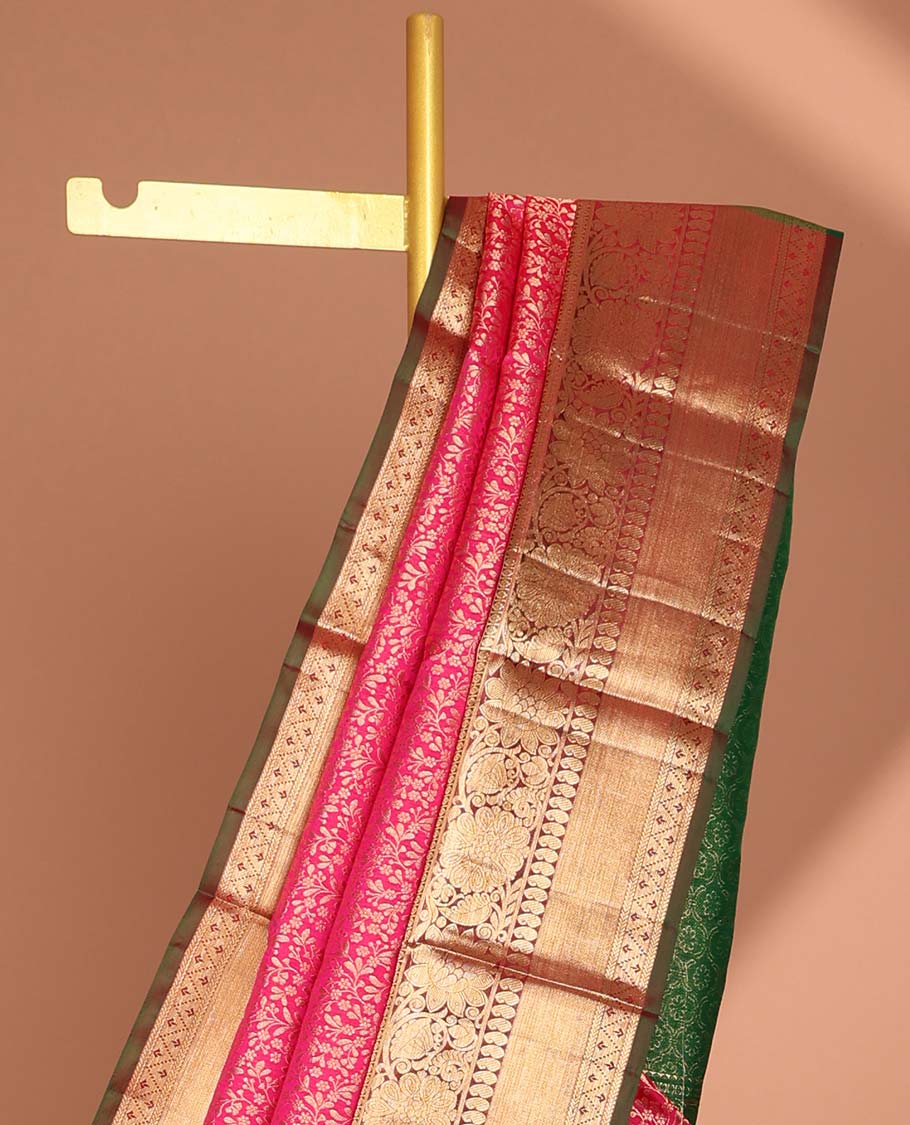 Red floral jacquard kancheepuram silk saree with contrast checked zari border & intricate floral zari design pallu