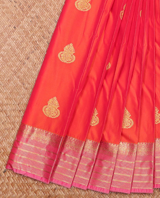Orange Budget Silk Saree Elegantly Highlighted with Floral Buttas, Complemented by a Captivating Contrast Traditional Zari-Design Border, Featuring a Subtle Pallu, and Paired with a Contrast Blouse