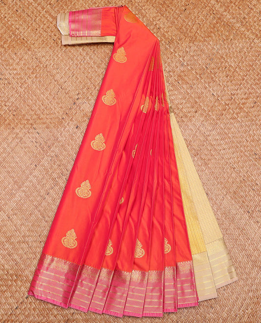Orange Budget Silk Saree Elegantly Highlighted with Floral Buttas, Complemented by a Captivating Contrast Traditional Zari-Design Border, Featuring a Subtle Pallu, and Paired with a Contrast Blouse