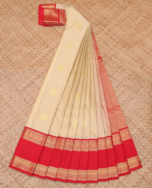 Sandal Budget Silk Saree, Sparsely Threaded with Zari Buttas, a Contrast Traditional Zari Rettai Pettu Border, Grand Pallu, and a Contrast Blouse