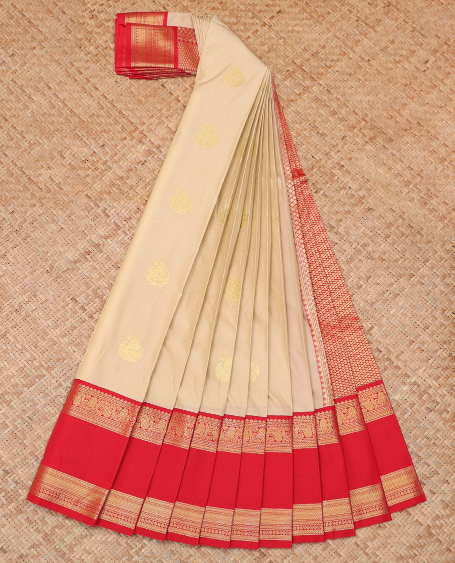 Sandal Budget Silk Saree, Sparsely Threaded with Zari Buttas, a Contrast Traditional Zari Rettai Pettu Border, Grand Pallu, and a Contrast Blouse