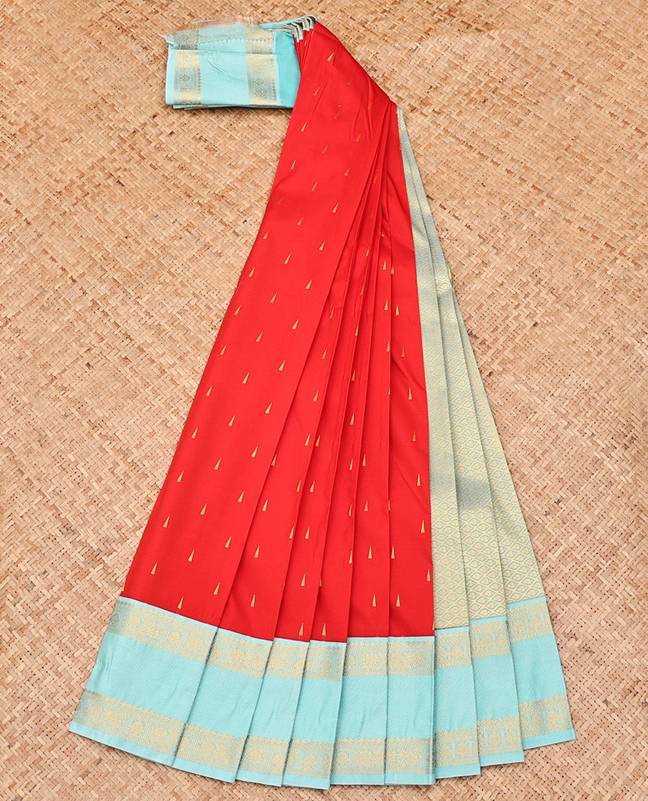 Red Budget Silk Saree, Adorned with Zari Buttas All Over Its Body, Complemented by Contrast Traditional Zari Designs Woven Rettai Pettu Border, Grand Jaal Pallu and Paired with a Contrast Blouse