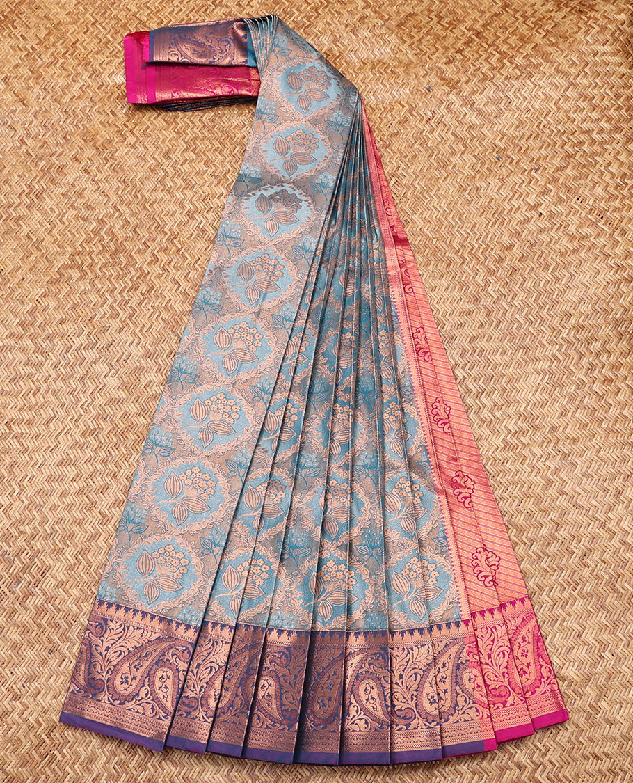 Blue Budget Silk Saree, Detailed with Jacquard Design, Contrast Paisley Zari Border, Grand Pallu, and a Contrast Blouse