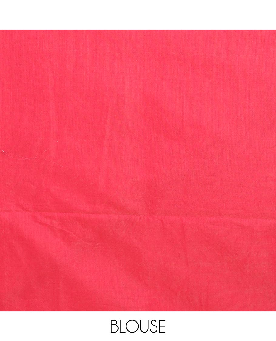 Borderless red floral zari buttas semi-silk cotton saree, self-pallu of sparse zari designs