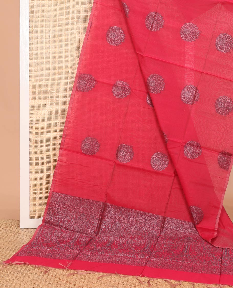 Borderless red floral zari buttas semi-silk cotton saree, self-pallu of sparse zari designs