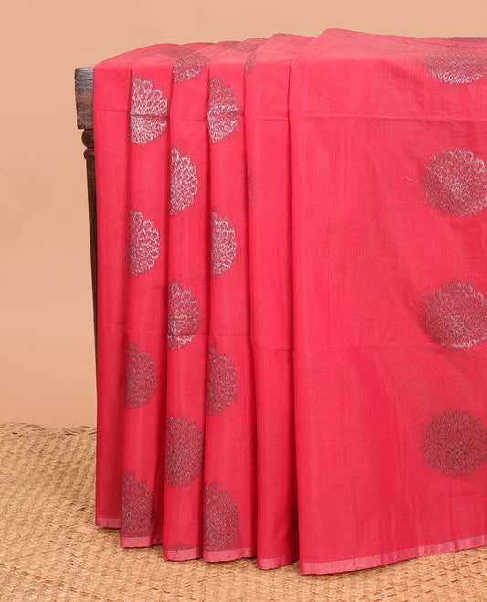 Borderless red floral zari buttas semi-silk cotton saree, self-pallu of sparse zari designs