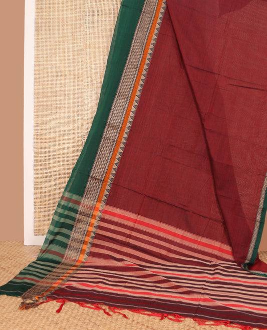 Maroon plain Narayanapet cotton saree, contrast traditional design thread border, and striped pallu