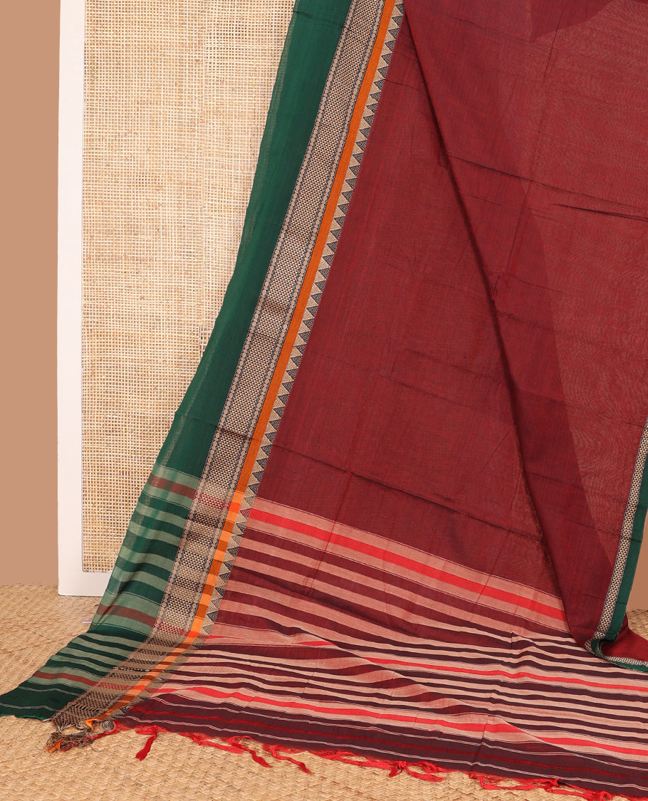 Maroon plain Narayanapet cotton saree, contrast traditional design thread border, and striped pallu