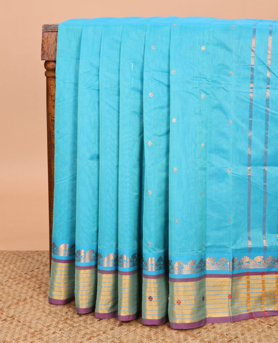 Blue zari buttas Venkatagiri cotton saree, contrast zari and thread border, and zari striped pallu