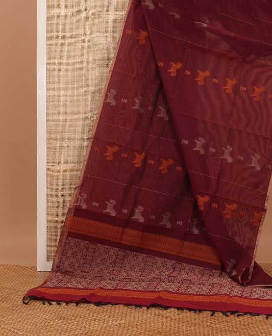 Borderless maroon  Horse buttas woven Coimbatore cotton saree, self-pallu of geometric patterns