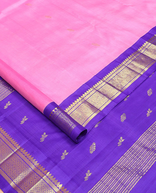 Pink zari buttas Kanchipuram silksaree, contrast one-sided zari border  & zari design pallu