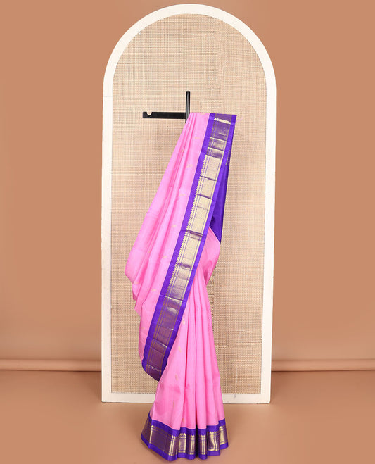 Pink zari buttas Kanchipuram silksaree, contrast one-sided zari border  & zari design pallu