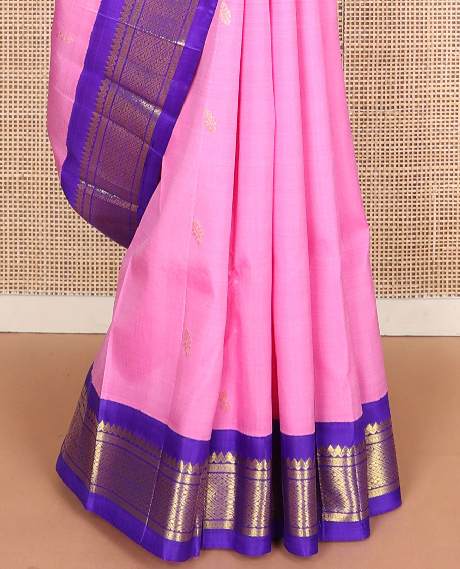 Pink zari buttas Kanchipuram silksaree, contrast one-sided zari border  & zari design pallu