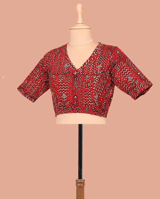 Red Cotton Readymade Blouse Enriched with All-Over Geometric Print, Featuring a Front V-Neck, a Closed Back Neck, and Elbow Sleeves