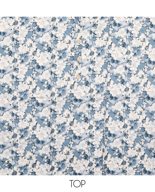 White and blue material chudidar set, floral printed with button work top, printed bottom, and sequins striped dupatta