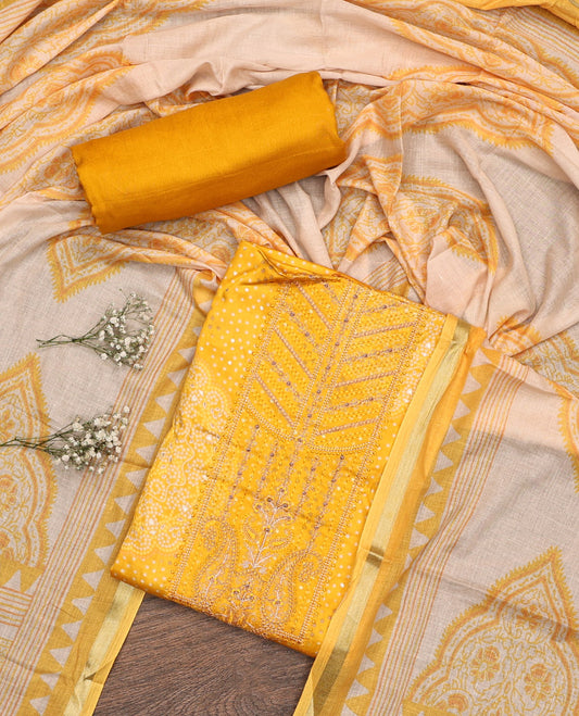Yellow Material Chudidar Set, Accentuated with Bandhani Dot Printed and Embroidery on Rayon Top, a Rayon Bottom, and Paired with Contrast Intricately Printed Cotton Dupatta