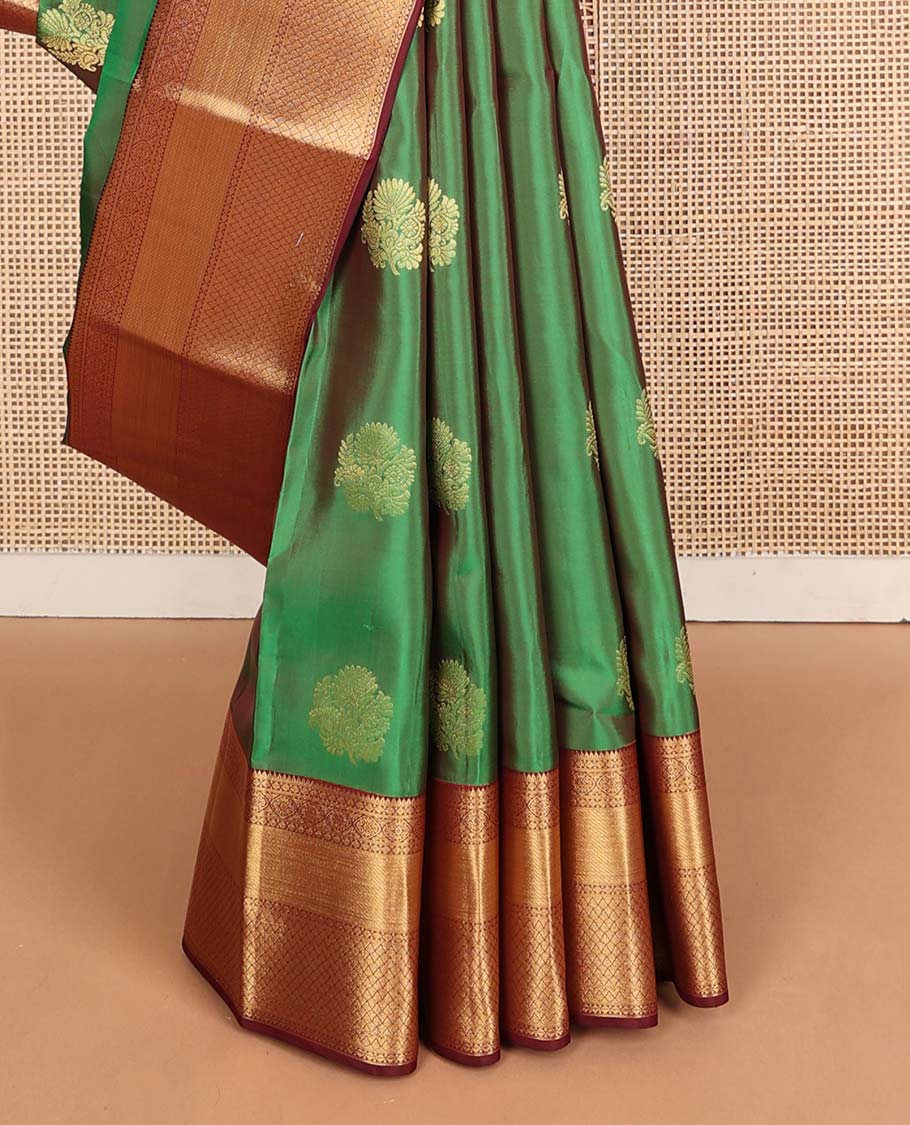 Green zari buttas Vasundhara silk mix saree, contrast border of rekku,diamond & jaal designs & pallu of rekku,rudraksham,manga & kodi visiry