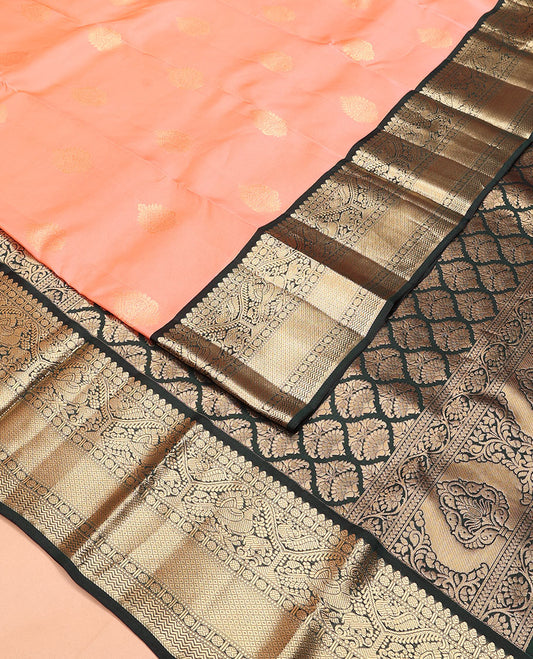 Peach zari buttas Vasundhara silk mix saree, contrast border of thilakam mokku, muthu, poun, mayil, mayil kann, and vanki designs, and jaal pallu