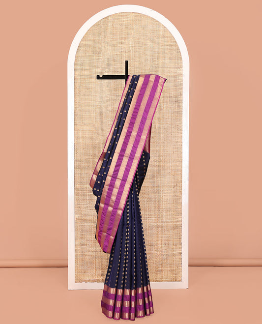 Blue Vasundhara Lite Silk Mix Saree, Delicately Woven with Zari Buttas All Over Its Body, Complemented by Contrast Rettai Pettu Border of Vanki, Muthu, Neli, and Chakram Designs, Grandly Decked Up Pallu and Paired with a Contrast Blouse