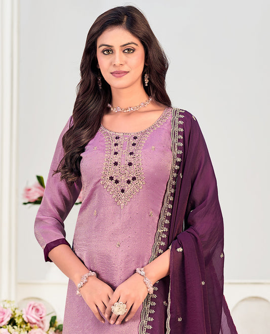 Lavender churidar material set, neck embroidered with stone work top, contrast plain bottom, and scallop embroidered dupatta