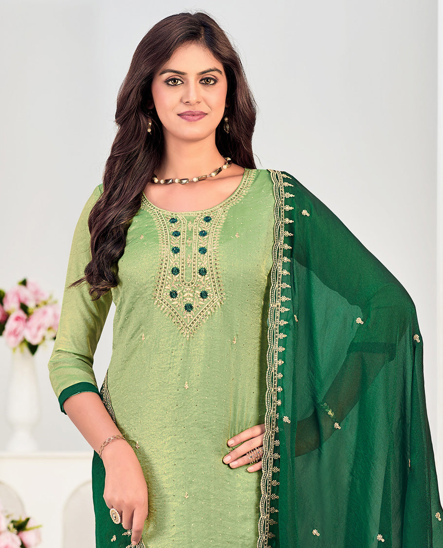 Pista green churidar material set, neck embroidered with stone work top, contrast plain bottom, and scallop embroidered dupatta