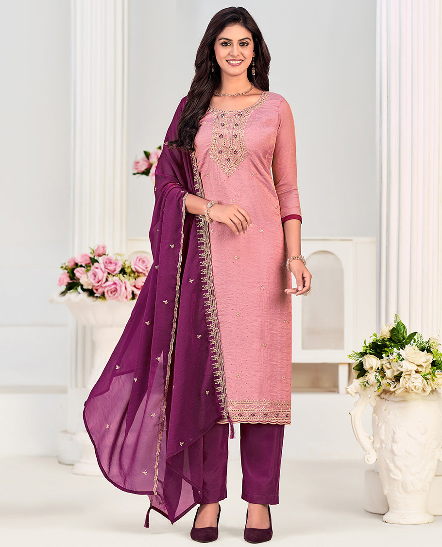 Pink churidar material set, neck embroidered with stone work top, contrast plain bottom, and scallop embroidered dupatta