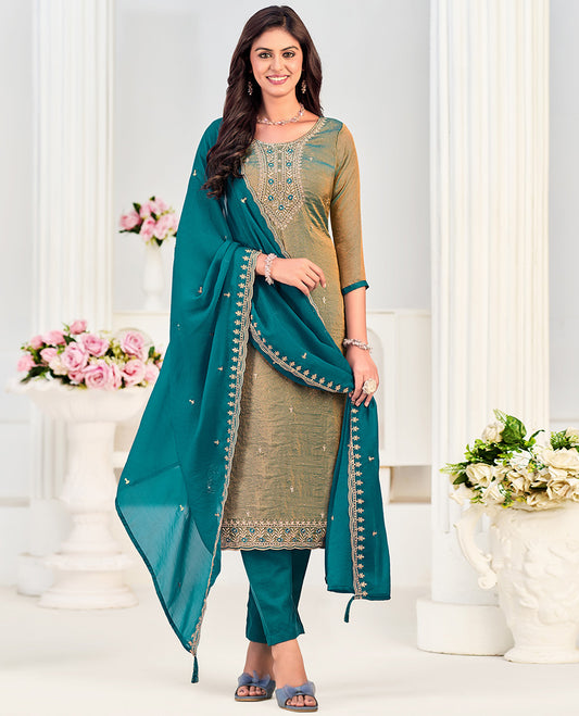 Blue churidar material set, neck embroidered with stone work top, contrast plain bottom, and scallop embroidered dupatta