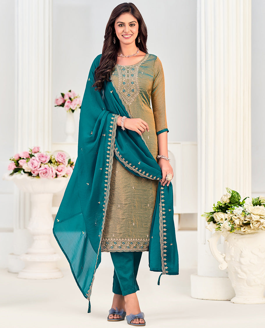 Blue churidar material set, neck embroidered with stone work top, contrast plain bottom, and scallop embroidered dupatta