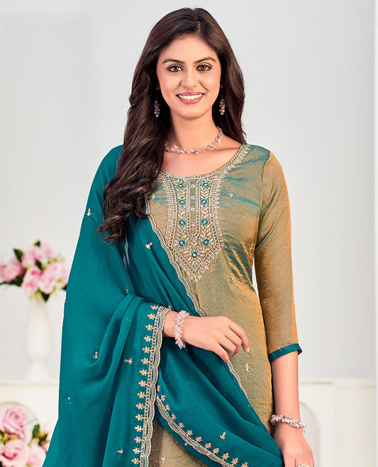 Blue churidar material set, neck embroidered with stone work top, contrast plain bottom, and scallop embroidered dupatta