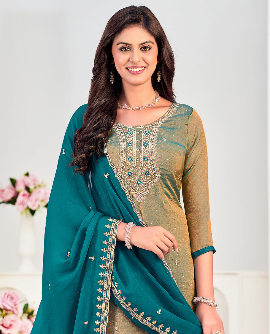 Blue churidar material set, neck embroidered with stone work top, contrast plain bottom, and scallop embroidered dupatta