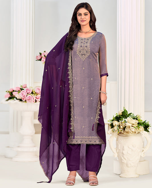 Violet churidar material set, neck embroidered with stone work top, contrast plain bottom, and scallop embroidered dupatta