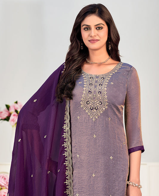 Violet churidar material set, neck embroidered with stone work top, contrast plain bottom, and scallop embroidered dupatta