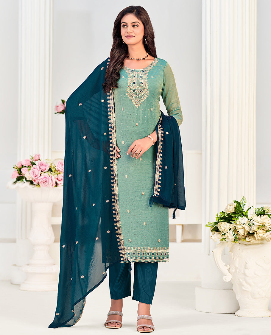 Turquoise churidar material set, neck embroidered with stone work top, contrast plain bottom, and scallop embroidered dupatta
