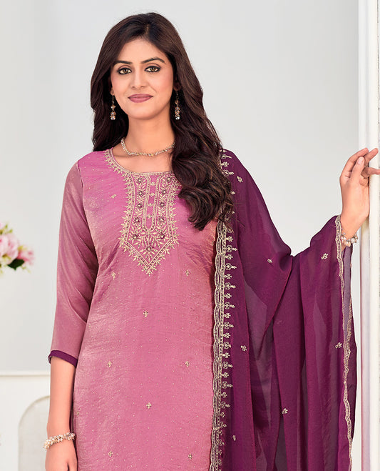 Pink churidar material set, neck embroidered with stone work top, contrast plain bottom, and scallop embroidered dupatta