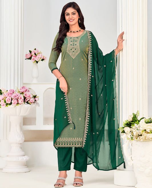 Green churidar material set, neck embroidered with stone work top, contrast plain bottom, and scallop embroidered dupatta