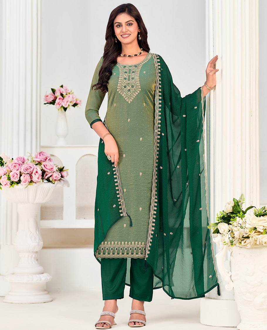 Green churidar material set, neck embroidered with stone work top, contrast plain bottom, and scallop embroidered dupatta