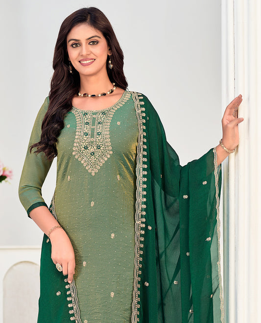 Green churidar material set, neck embroidered with stone work top, contrast plain bottom, and scallop embroidered dupatta