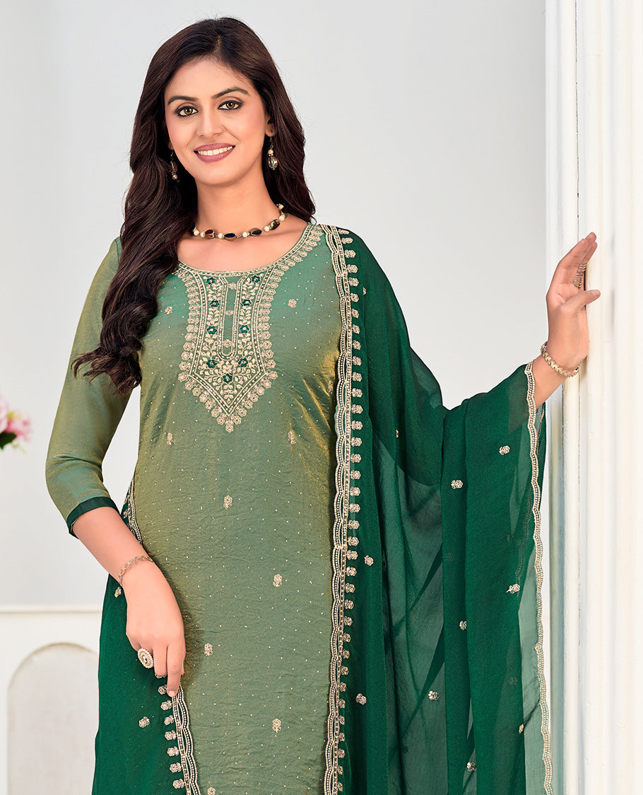 Green churidar material set, neck embroidered with stone work top, contrast plain bottom, and scallop embroidered dupatta