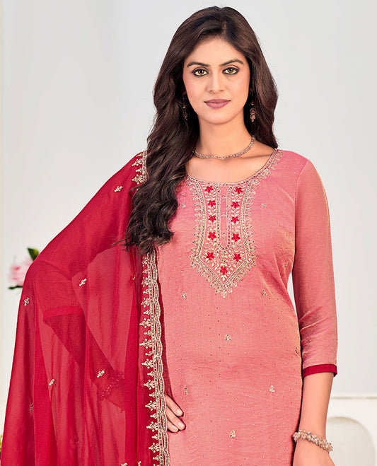 Peach churidar material set, neck embroidered with stone work top, contrast plain bottom, and scallop embroidered dupatta