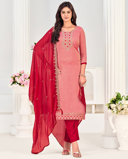Peach churidar material set, neck embroidered with stone work top, contrast plain bottom, and scallop embroidered dupatta