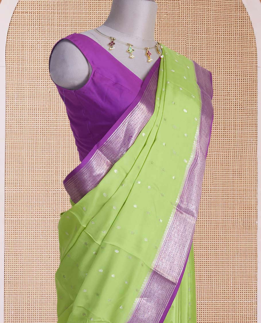 Parrot green zari buttas & corner paisley buttas Mysore silk saree, contrast traditional zari border & paisley butta enclosed checked pallu