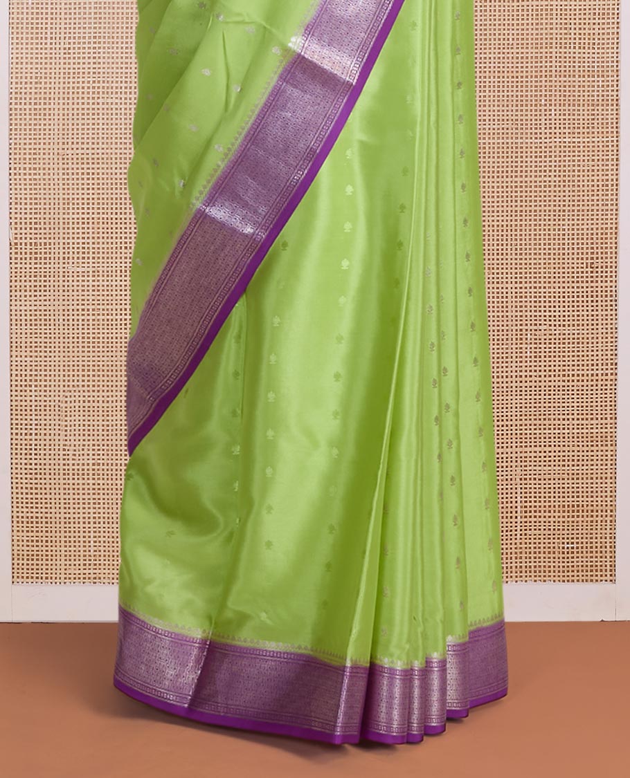Parrot green zari buttas & corner paisley buttas Mysore silk saree, contrast traditional zari border & paisley butta enclosed checked pallu