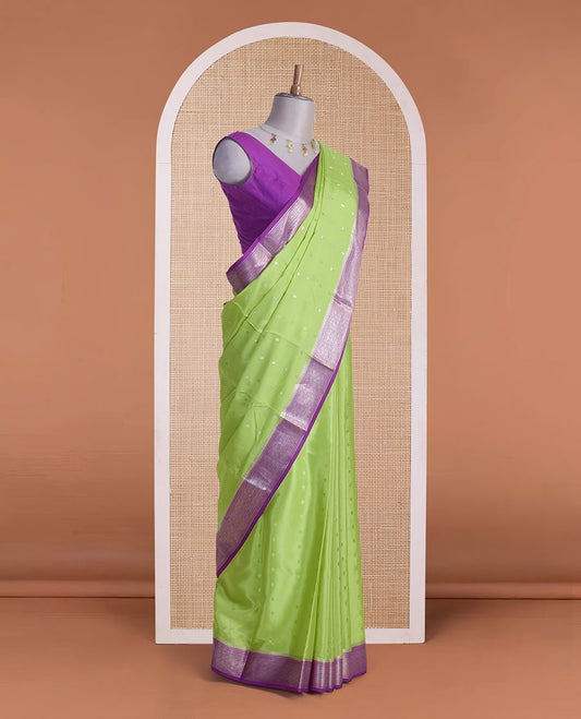 Parrot green zari buttas & corner paisley buttas Mysore silk saree, contrast traditional zari border & paisley butta enclosed checked pallu