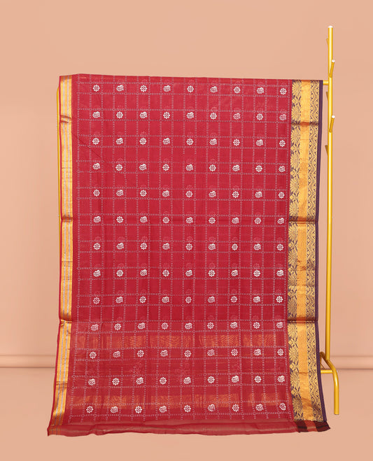 Crimson Red Venkatagiri Cotton Saree, Adorned with Butta Enclosed Checks, a Traditional Zari Border, a Floral-Print Pallu, and No Blouse