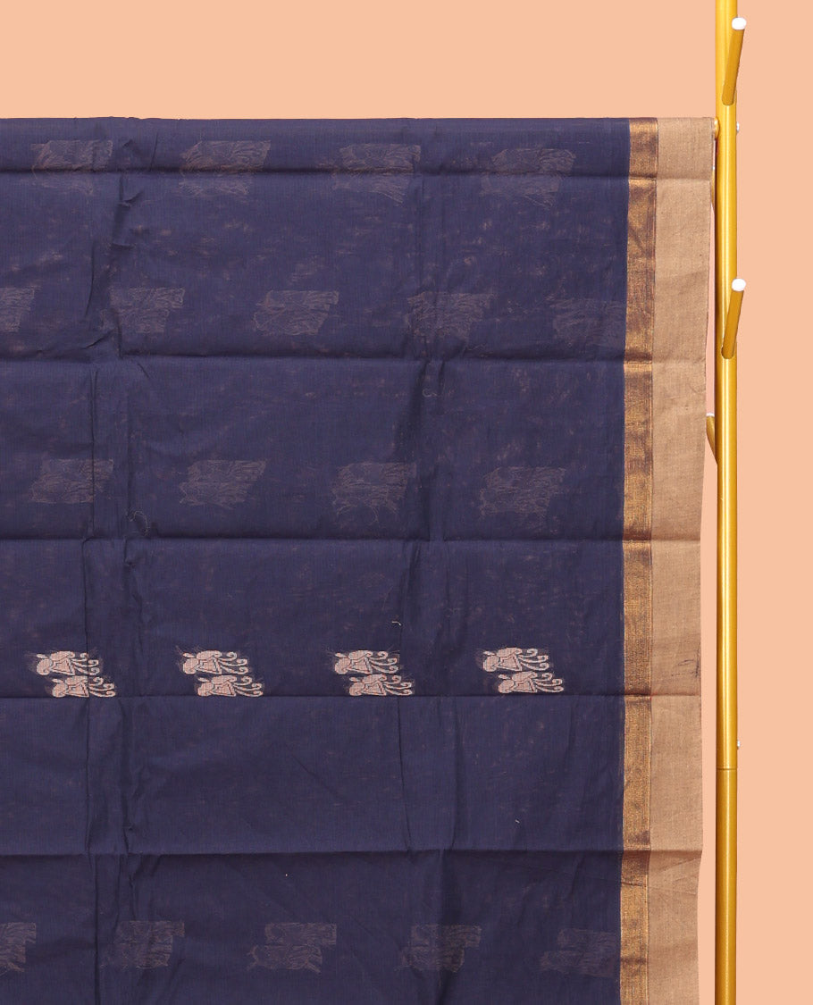 Navy Kanchi Cotton Saree, Adorned with Buttas, Complemented by a Contrast Border, Intricate Pallu, and a Matching Blouse