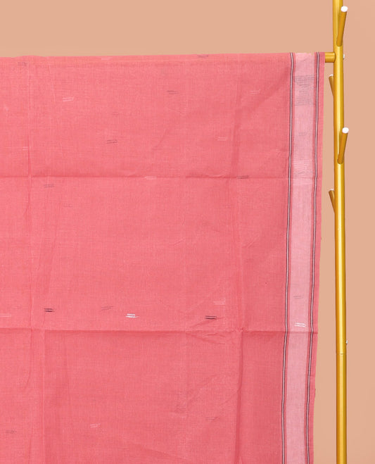 Pink Bengal Cotton Saree, Woven with Buttas, a Subtle Border, Pallu of Stripes, and a Matching Blouse