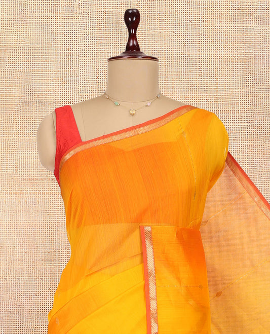 Orange Maheshwari Cotton Saree, Detailed with Zari Buttas, a Contrast Piping Zari Border, Pallu of Zari Design, and a Matching Blouse