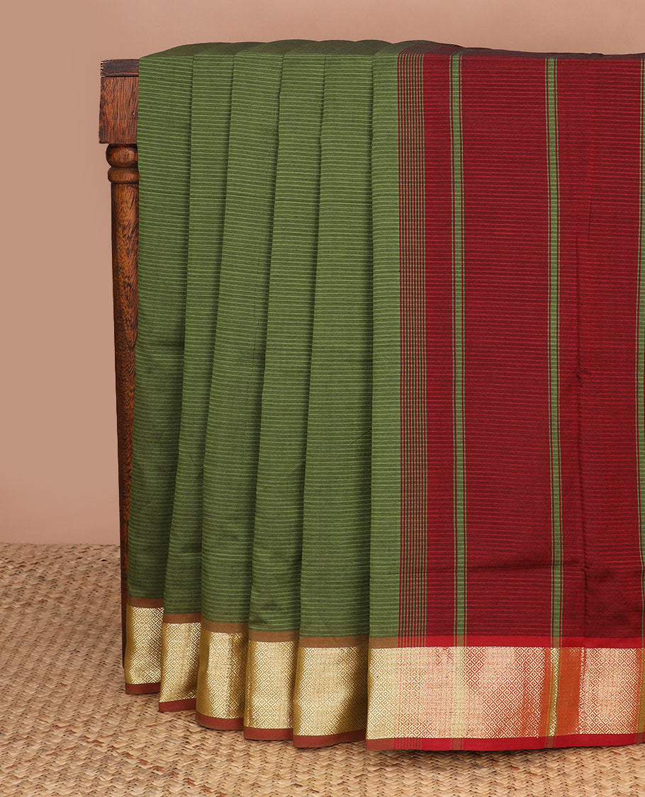 Green striped poly cotton saree, contrast traditional zari border & striped pallu