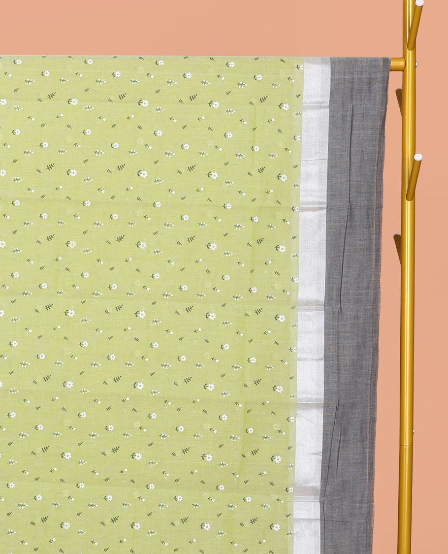 Pale Green Chirala Cotton Saree, Steeped with Floral-Bird Print, a Contrast Border, Printed Pallu, and a Matching Blouse