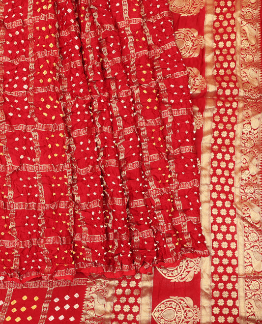 Borderless Red Bandhani Dola Silk Saree
